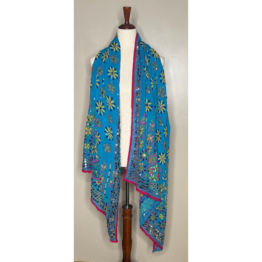 Raji Handmade India Silk Embroidered Mirror Work Shawl Wrap Boho 34x80